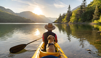 Man or boy with a dog in a kayak. A mountain in the background. Sunset. Nature panorama. Traveling with dog. Taking dog on vacation. On a river, on a lake. Wanderlust. Male Person. - obrazy, fototapety, plakaty