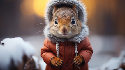 Chipmunks in a warm winter hat, outside - obrazy, fototapety, plakaty