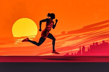 Silhouette of a woman athlete running against the background of the sunset. - Powered by Adobe