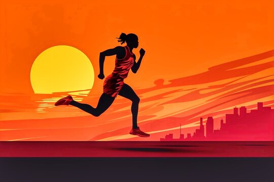 Silhouette of a woman athlete running against the background of the sunset.
