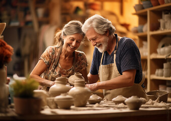 older people do pottery together