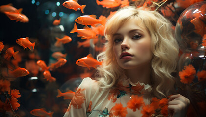 Fototapeta premium A beautiful young woman smiles, surrounded by colorful fish generated by AI