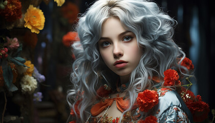 Fototapeta premium A beautiful young woman in a traditional dress, looking at the camera radiating glamour and beauty generated by AI