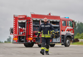A symbolically brave firefighter strides forward with unwavering courage, epitomizing dedication...