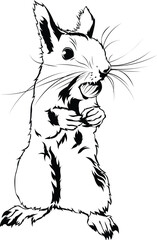 Cartoon Black and White Isolated Illustration Vector Of A Squirrel with A Nut In Its Mouth