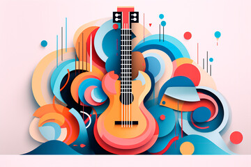 Harmonizing music and art: an abstract, colorful illustration for International World Music Day. Imaginative design featuring guitar and piano instruments in muted pastel hues.





