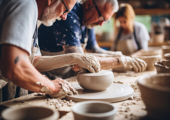 older people do pottery together - obrazy, fototapety, plakaty