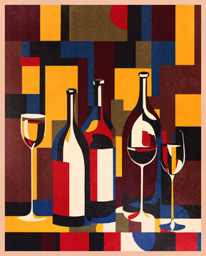 Wine bottles and wine glasses, 1970s poster, mid-century modern style.
