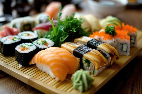 Assorted sushi platter elegantly presented on a bamboo mat