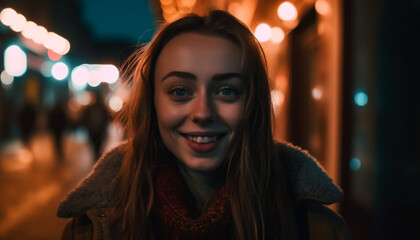 Smiling young woman, illuminated by street light, enjoying winter night generated by AI