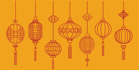 Chinese New Year background, ornate lantern decoration, vector Lunar New Year in Japanese, Korean, Vietnamese cultures, vector illustration, banner concept, Chinese lanterns, Asian New Year