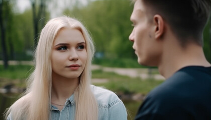 Fototapeta premium Two young adults in love, enjoying nature, smiling and happy generated by AI