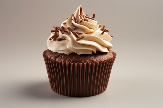 Plain cupcake on grey background. Chocolate and vanilla flavors. 3D rendered. Generative AI