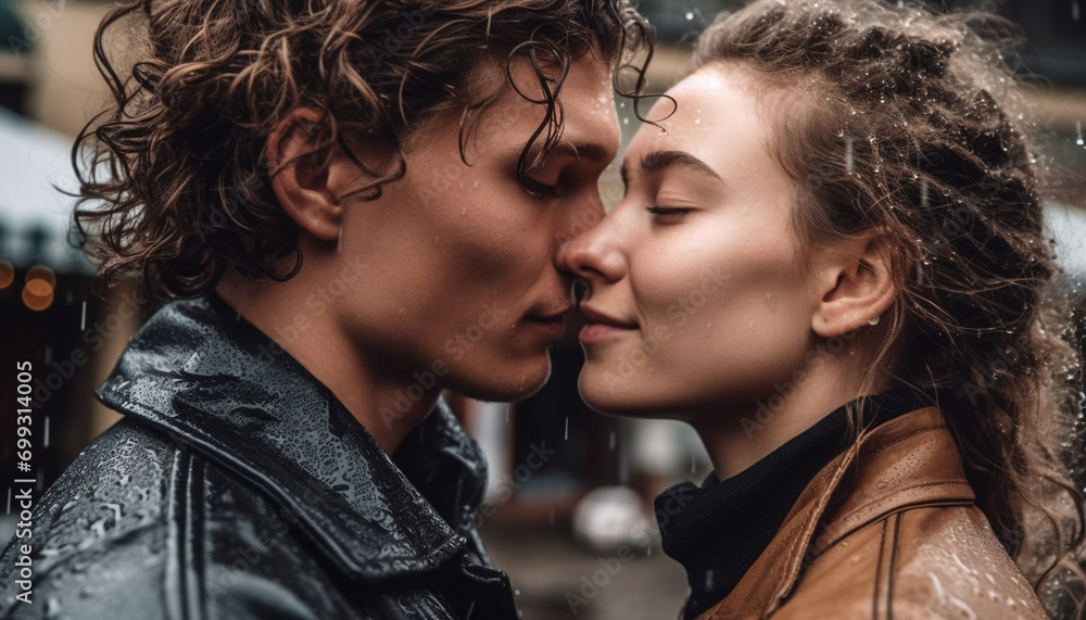 Sticker Young adult couple embracing and kissing in the rain outdoors generated by AI