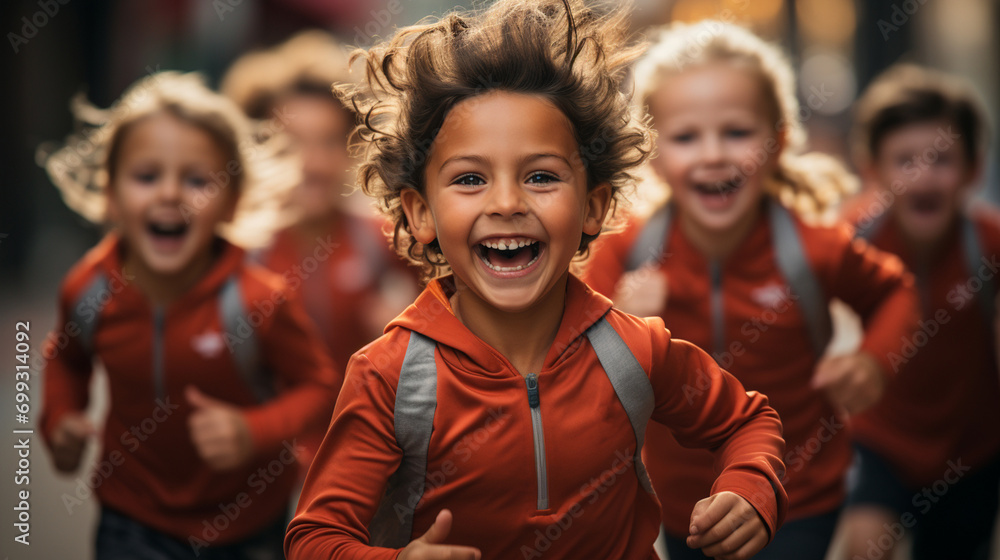 Wall mural a group of cute, funny kids run home from school