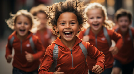 a group of cute, funny kids run home from school - obrazy, fototapety, plakaty