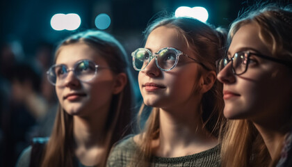 Young adults, women, and men enjoying a cheerful nightclub performance generated by AI