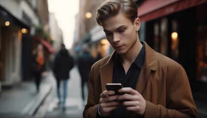 Young adult man reading text messages on his smartphone at night generated by AI