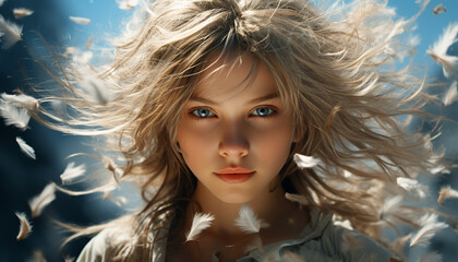 Young woman with long blond hair enjoying the freedom of nature generated by AI