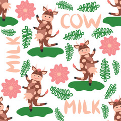 Dancing cow in the meadow cute seamless pattern, splashes of milk and the inscription Milk, Cow, Love. Flat
