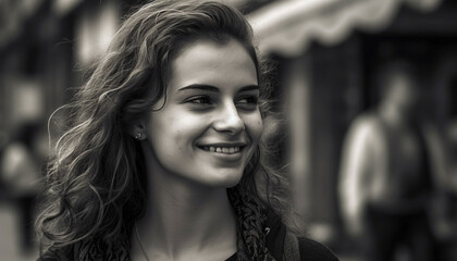 Obraz premium Smiling young woman outdoors, portrait of a beautiful Caucasian female generated by AI