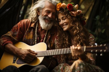 Man and woman having fun playing guitar and laughing in cozy home atmosphere with flowers in background blur