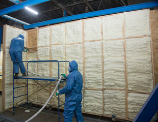 Insulation of walls with foam, energy and heat saving of walls, worker treats walls with foam