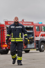 A symbolically brave firefighter strides forward with unwavering courage, epitomizing dedication...