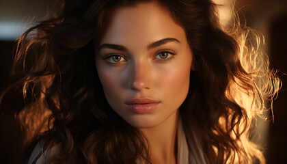 Naklejka premium Beautiful woman with long brown hair looking at camera confidently generated by AI
