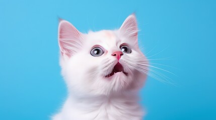 Portrait funny cute white cat surprised isolated on blue background. AI generated image