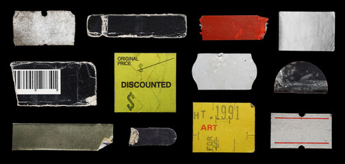 collection of blank old sticker, label, price tag template for mockup. isolated dirty, ripped, half peeled stickers	
