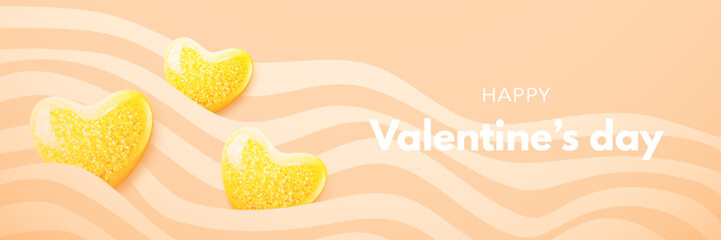 Valentine's day banner with realistic decorative glossy golden 3d hearts with glitter and wave lines on a delicate candy background. Love banner, gift voucher, cute greeting card. Vector illustration