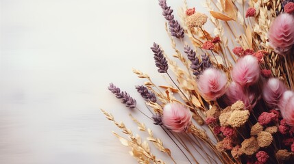 Pastel background with dried flowers, mockup banner. Flowers composition with space for text. 