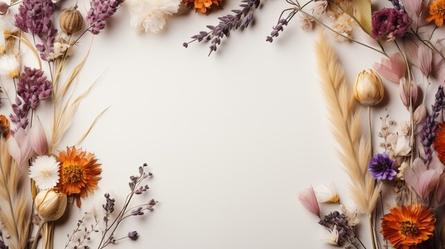 Pastel background with dried flowers, mockup banner. Flowers composition with space for text. 