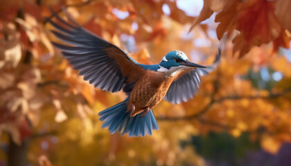 Obraz premium A vibrant bird spreads wings, perching on a branch in autumn generated by AI