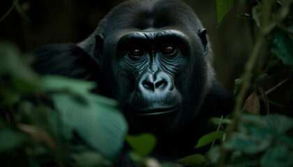 Obraz premium Primate in tropical rainforest, staring with strength, surrounded by nature generated by AI