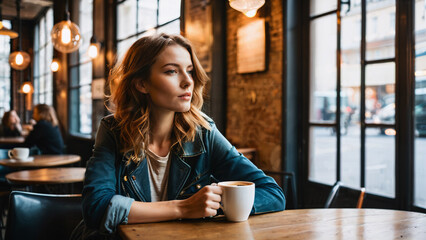Beautiful woman sitting alone in a café and drinking coffee and dreaming - obrazy, fototapety, plakaty