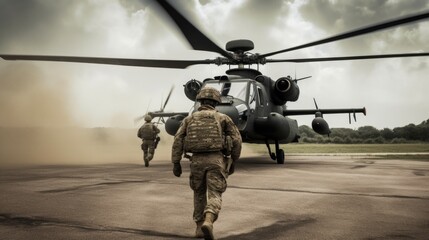 paratroopers soldiers with weapons run to military helicopter