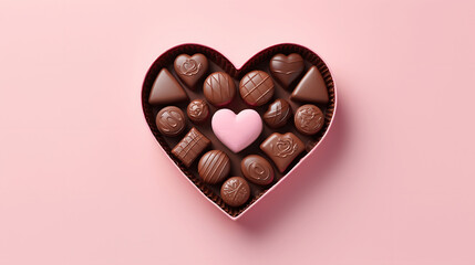 Heart-shaped box of chocolates on pink background