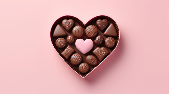 Heart-shaped box of chocolates on pink background