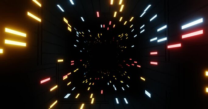 empty tunnel with dark walls with glowing indicators, spacecraft compartment, synchrophasotron or hyperdrive, sci-fi looped abstract animation, 3D rendering, wall,
