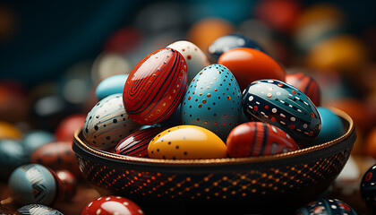 Decorative Bowl Filled with Intricately Designed Eggs Glossy finish Blurred Background AI Generated 