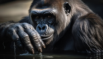 Primate in nature monkey portrait, close up, staring with strength generated by AI