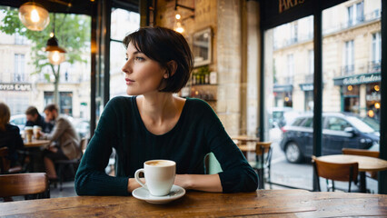 Beautiful brunette woman sitting alone in a café and drinking coffee