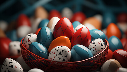 Vibrantly Colored Easter Eggs in a Red Woven Basket Blurred background aesthetically pleasing depth effect Glossy Finish AI Generated