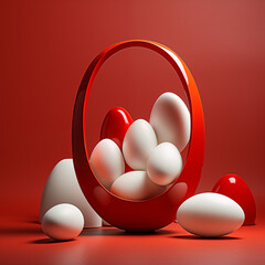 Collection of smooth, shiny objects eggs against a vibrant red background Minimalist Easter Decoration AI Generated