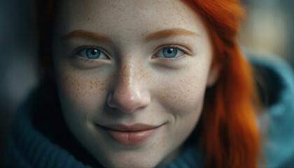 Fototapeta na wymiar Smiling redhead woman, young adult, looking at camera, outdoors generated by AI