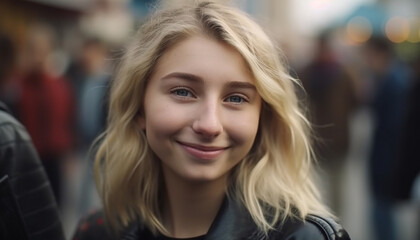 Obraz premium Smiling blond woman outdoors, cheerful and confident, looking at camera generated by AI