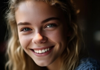 Smiling portrait of one cheerful Caucasian woman looking at camera generated by AI