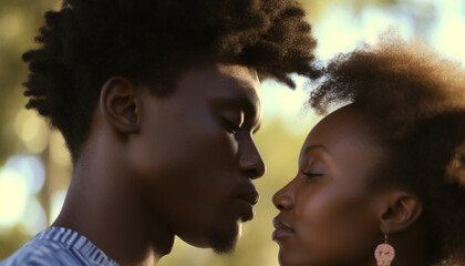 African love young adults smiling, outdoors, embracing, curly hair happiness generated by AI